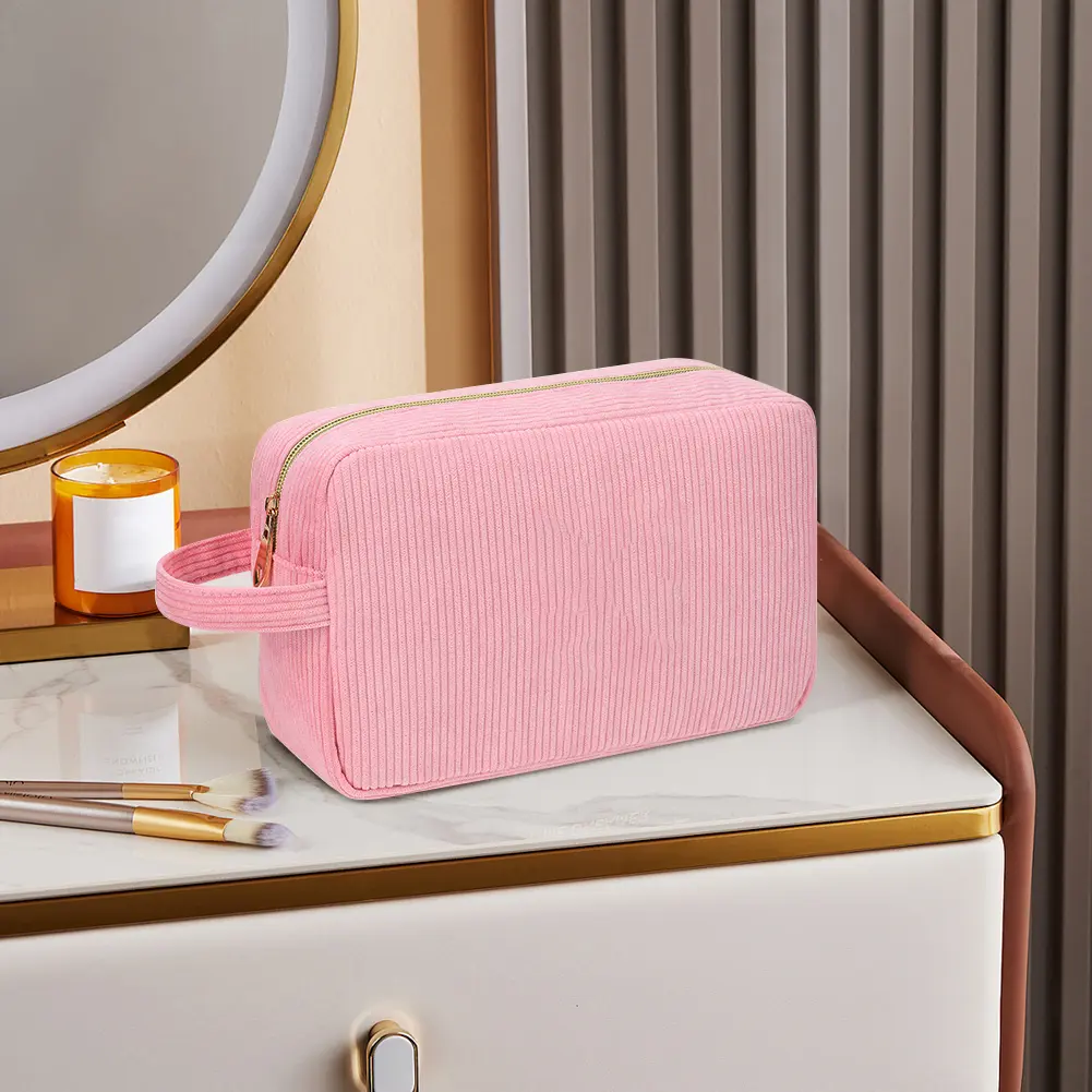 2Pcs Makeup Bag with Zipper Corduroy Cosmetic Pouch Travel Toiletry Organizer for Girls Women Moms Gift