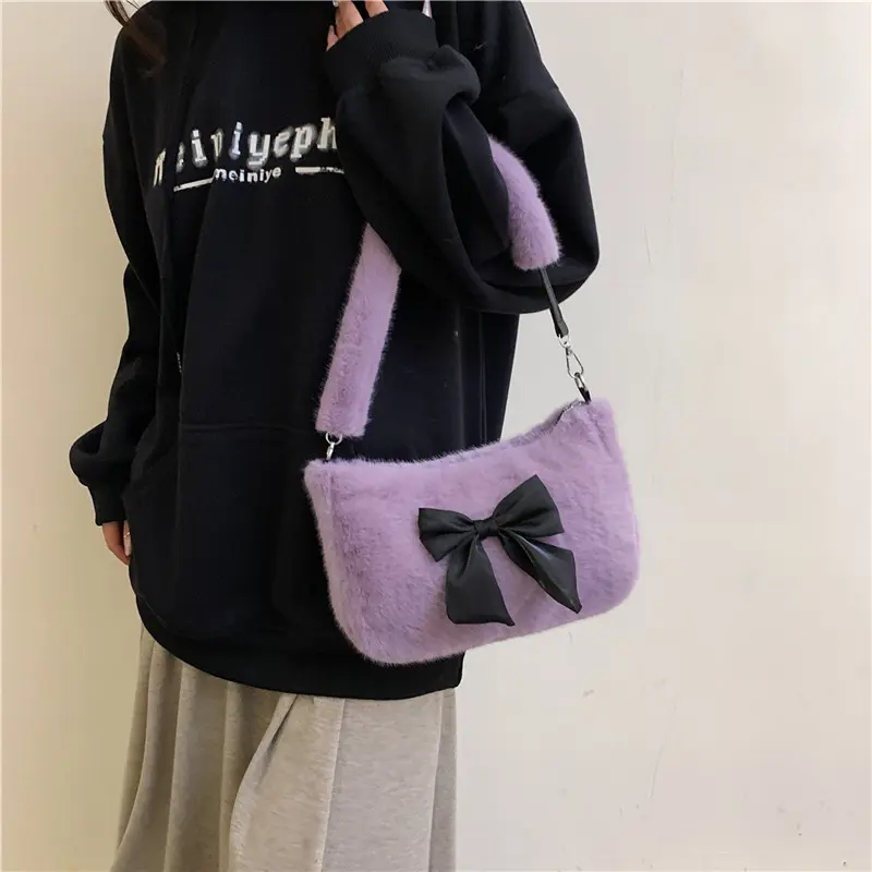 Women Plush Shoulder Bag with Detachable Strap Handbag Fluffy Hobo Bag Satchel Purse for Dating Travel