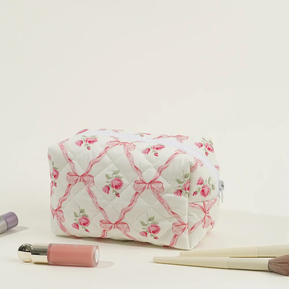 Cute Bow Floral Makeup Bag with Zipper Travel Makeup Pouch Cotton Quilted Makeup Organizer Storage Bag Large for Women Girls