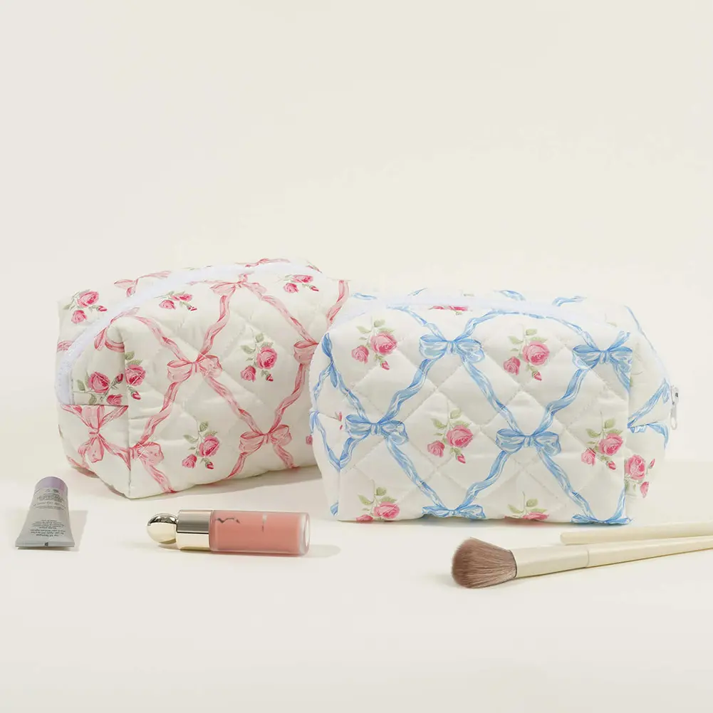 Cute Bow Floral Makeup Bag with Zipper Travel Makeup Pouch Cotton Quilted Makeup Organizer Storage Bag Large for Women Girls