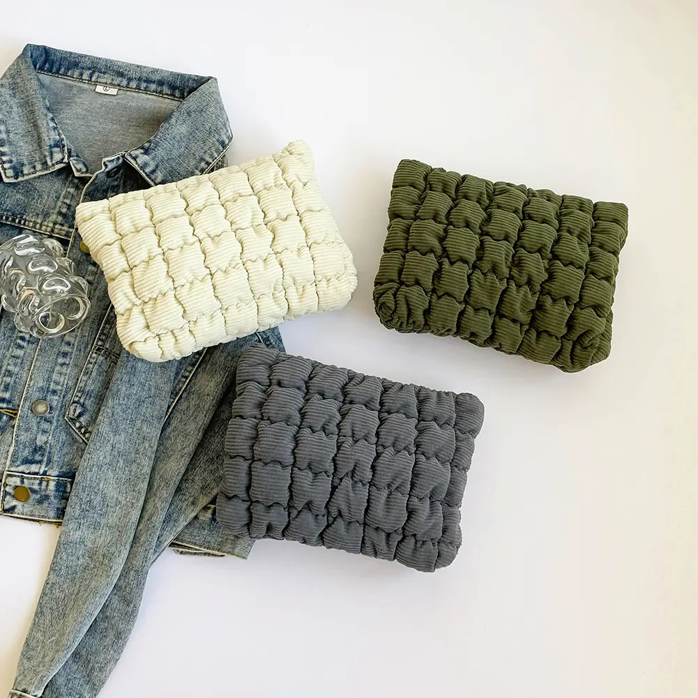 Quilted Cosmetic Bag with Zipper Corduroy Makeup Organizer Storage Bag Cosmetic Organizer Case for Women Girls