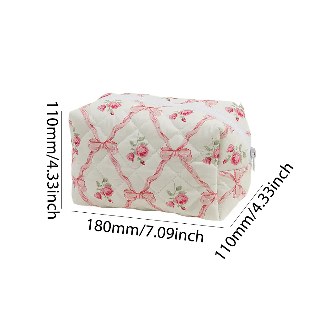 Cute Bow Floral Makeup Bag with Zipper Travel Makeup Pouch Cotton Quilted Makeup Organizer Storage Bag Large for Women Girls