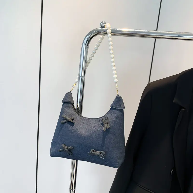 Denim Shoulder Bag Bowknot Women Underarm Bag Chain Strap Crescent Bag Tote Purse for Work Travel