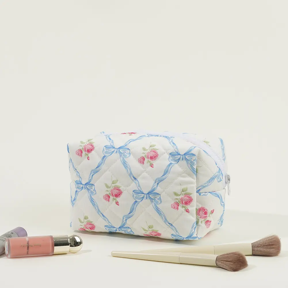 Cute Bow Floral Makeup Bag with Zipper Travel Makeup Pouch Cotton Quilted Makeup Organizer Storage Bag Large for Women Girls