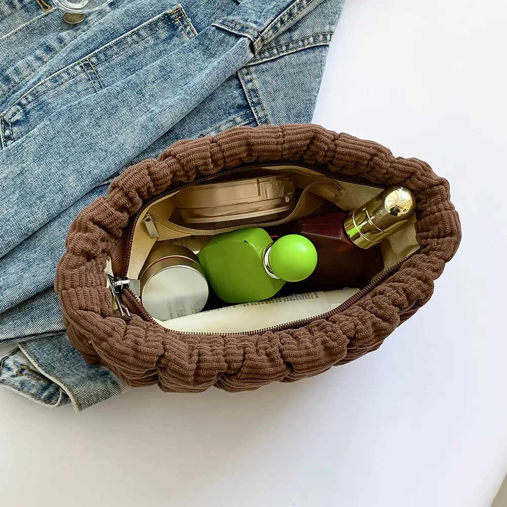 Quilted Cosmetic Bag with Zipper Corduroy Makeup Organizer Storage Bag Cosmetic Organizer Case for Women Girls