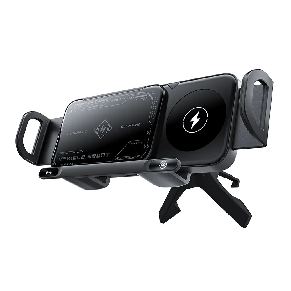 15W Car Wireless Charger Dual Coil Fold Screen Phone Holder Touch Rotation Phone Mount for Smartphone/Pad/Foldable Phone/Tablet