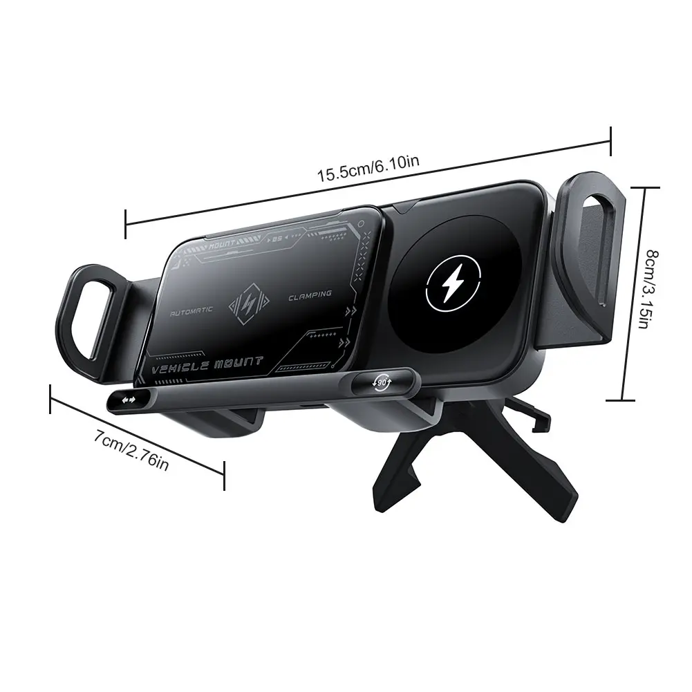 15W Car Wireless Charger Dual Coil Fold Screen Phone Holder Touch Rotation Phone Mount for Smartphone/Pad/Foldable Phone/Tablet
