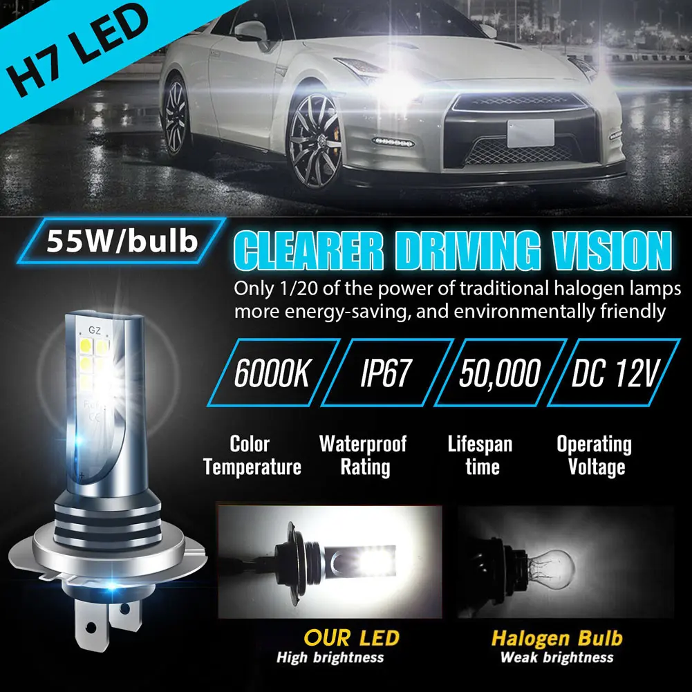 Car H7 Led Headlight Bulb High Power Car Lights Super Bright Car Fog Light Bulbs Auto High Low Beam 6000K White Led Light 12/24V