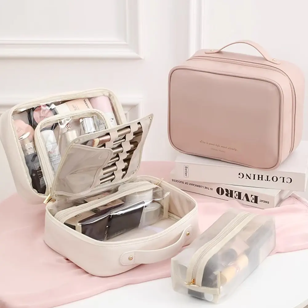 Multi-Compartment Travel Makeup Bag Large Capacity PU Leather Large Wash Bag Waterproof Make Up Storage Bag Outdoor Makeup Bag