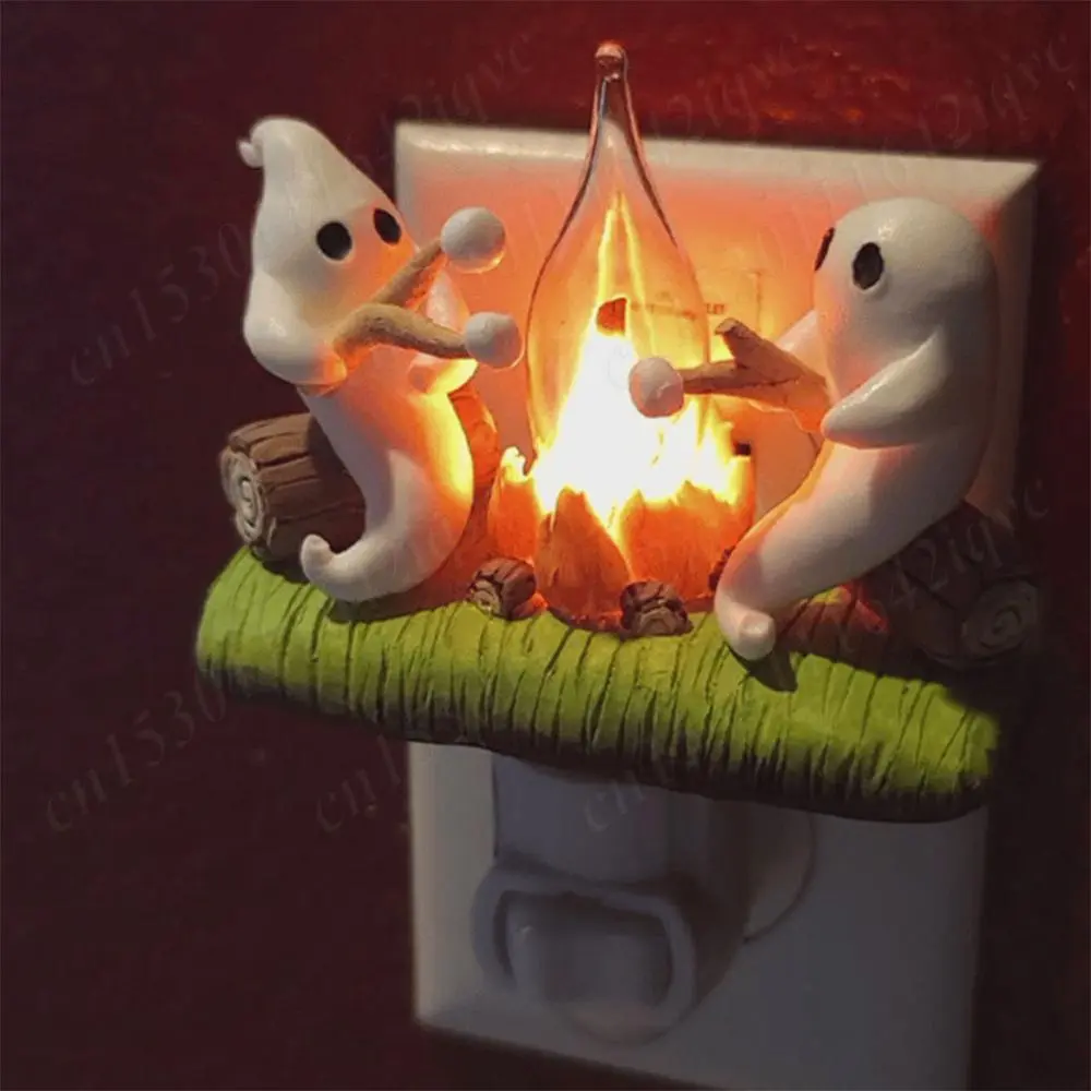 2024 Ghost Campfire Flickering Nightlight Halloween Ghost Night Light Spooky Fire Marshmallow Night Light Halloween Decorations