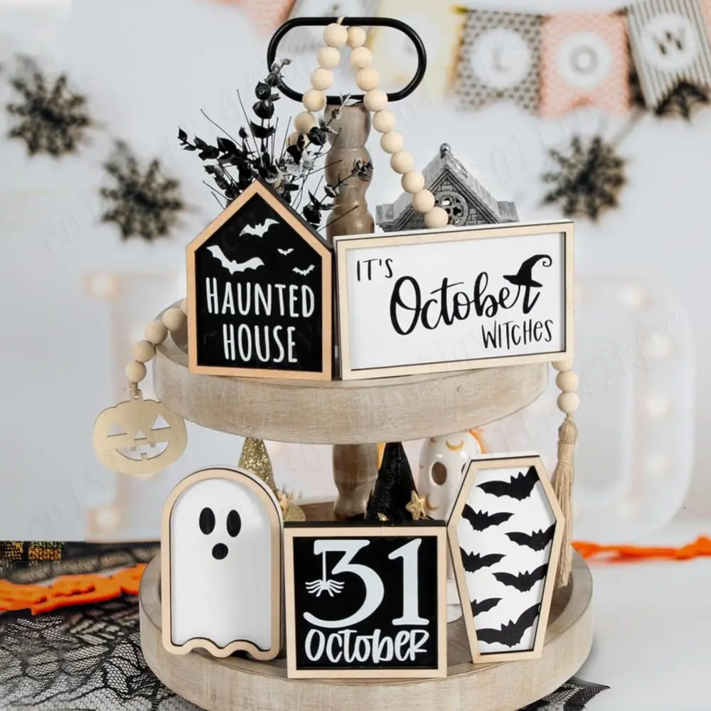 6Pcs Halloween Tiered Tray Decor Set Cute Wooden Sign Ghost Witches October 31Sign Bead Garland Halloween Theme Party Home Decor