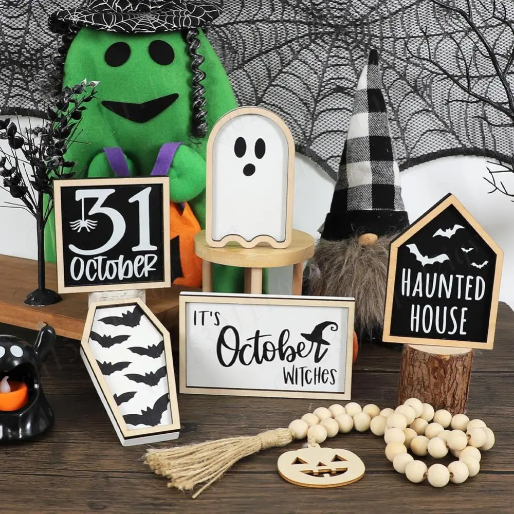 6Pcs Halloween Tiered Tray Decor Set Cute Wooden Sign Ghost Witches October 31Sign Bead Garland Halloween Theme Party Home Decor