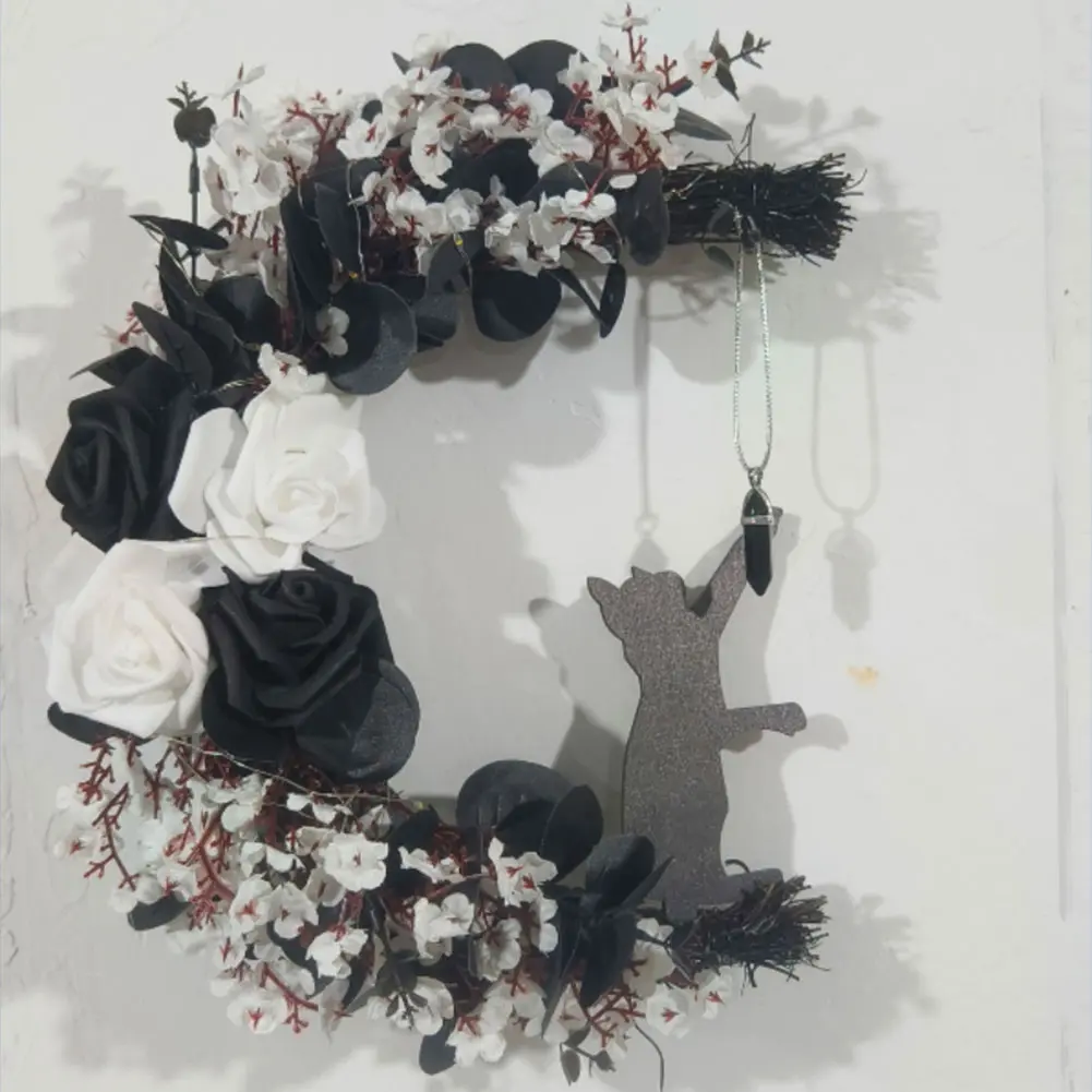 Handmade Artificial Moon Cat Garland Halloween Wreaths Halloween Moon Cat Wreaths for Home Party Window Wall Indoor Outdoor