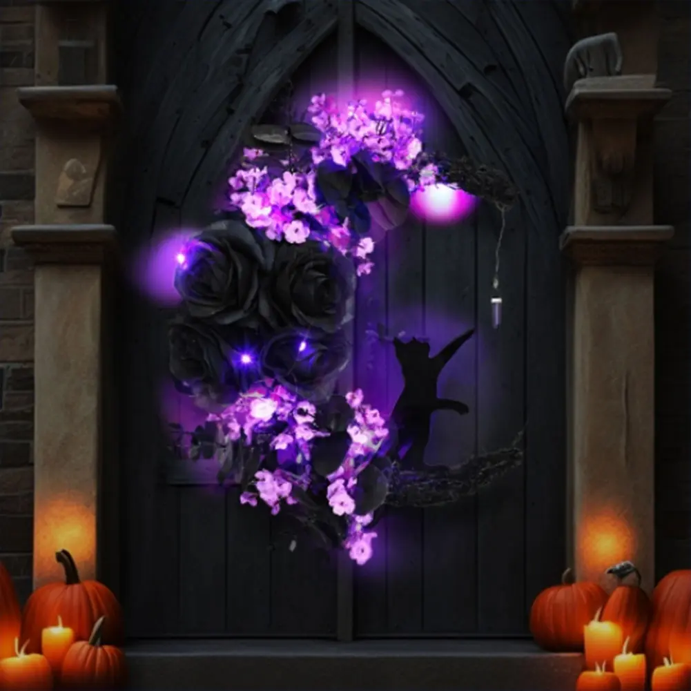 Handmade Artificial Moon Cat Garland Halloween Wreaths Halloween Moon Cat Wreaths for Home Party Window Wall Indoor Outdoor