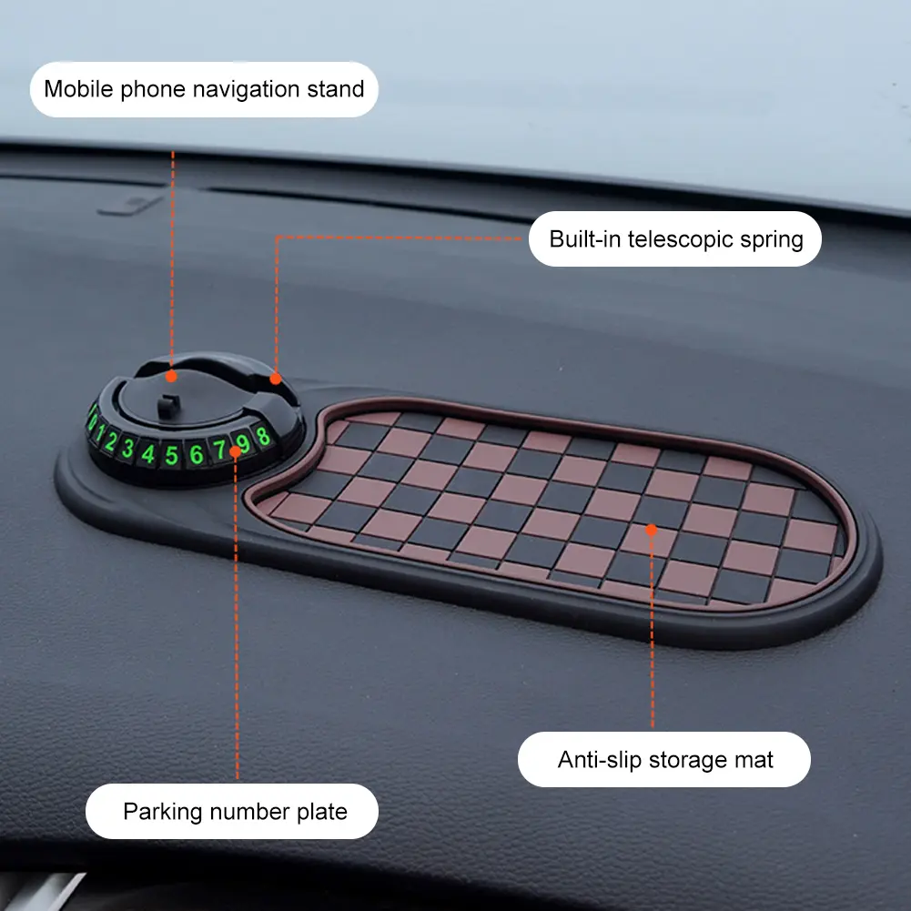 Car Multifunctional Storage Mat w/ Parking Number Mobile Phone Holder Anti-Slip Dashboard Plate Gadget for Sunglasses/Keys/Phone