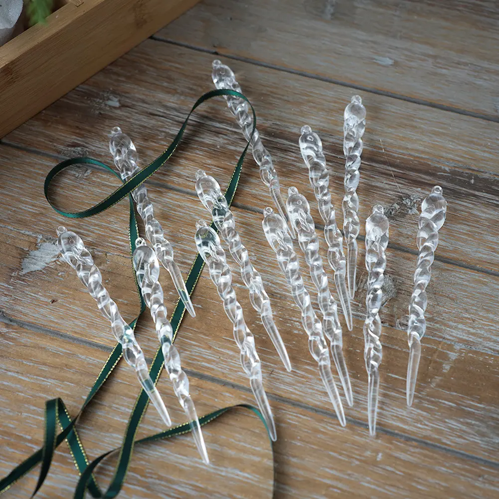12Pcs Christmas Simulation Icicle Pendants Transparent Icicles Decor Clear Crystal Twisted Icicle for New Year Winter Decoration