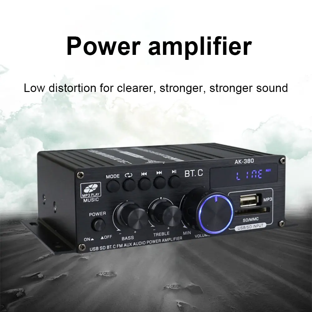AK380 Bluetooth-Compatible Amplifier 2 Channel Home Theater Amplifier HIFI Bass 40W+40W Music Player USB AUX for Home Car