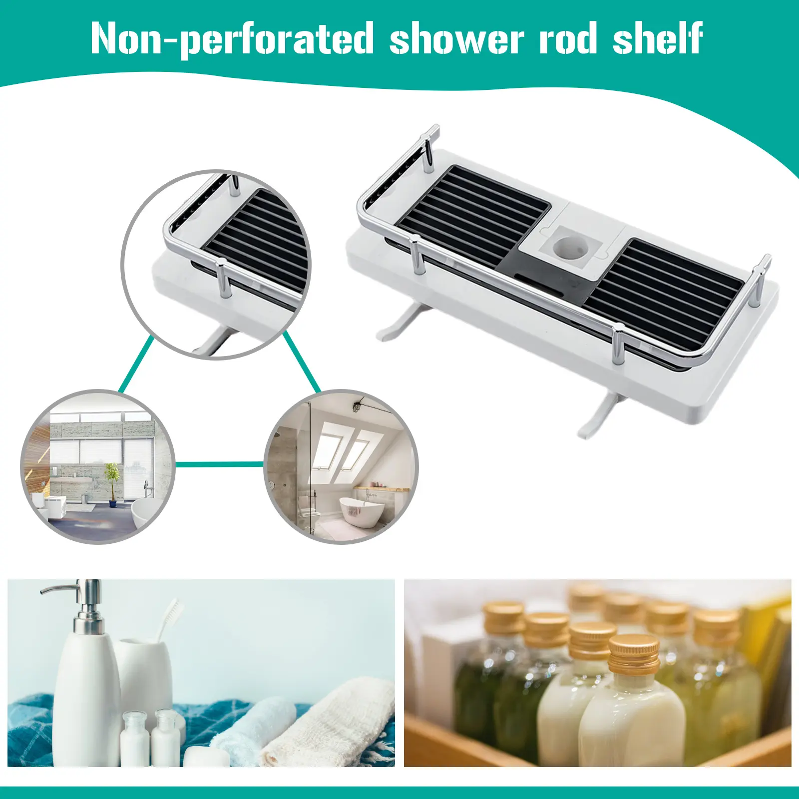 Bathing Rod Organizer Shelf Punch Free Toilet Bracket Single Layer Shower Bar Shelf Height Adjustable Home Gadgets