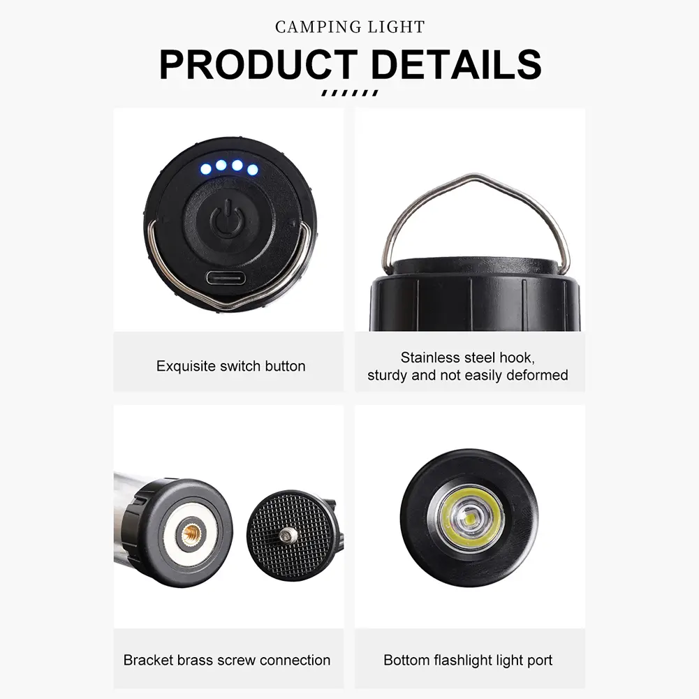 Type-C Rechargeable 200LM Atmosphere Light 3000mAh Outdoor Tent Lamp Tripod Lampshade Hook Camping Lantern Accessories