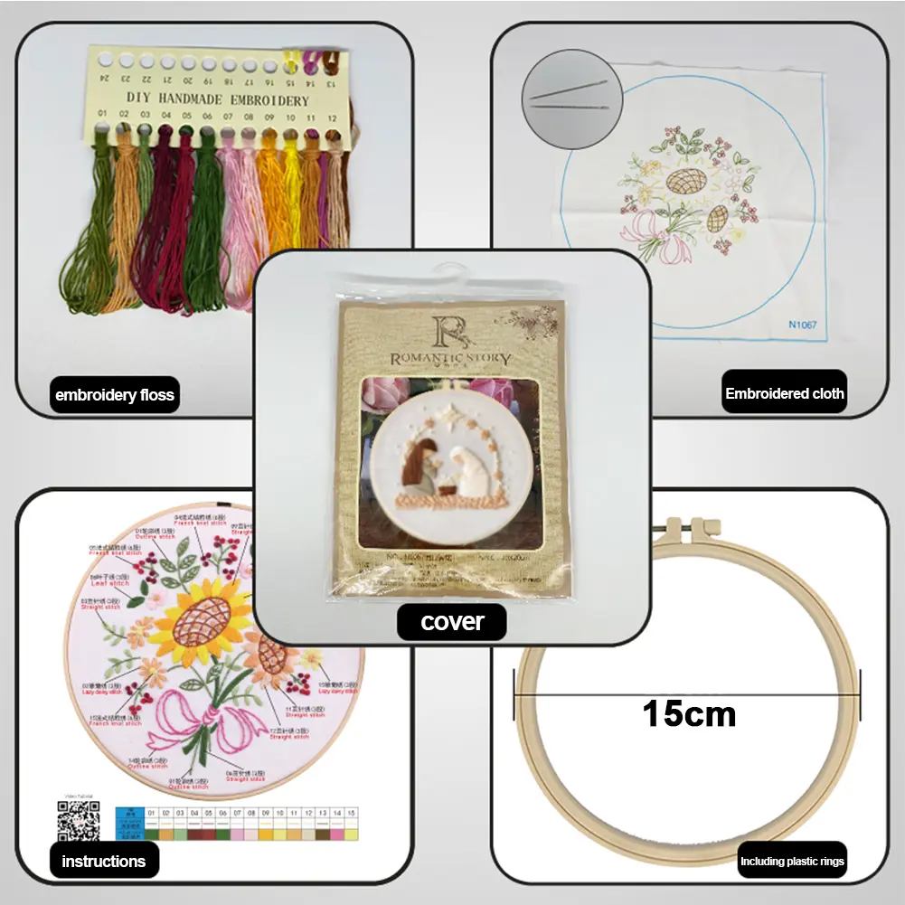 Nativity Stamped Cross Stitch Embroidery Kits with Hoop Cloth Color Thread