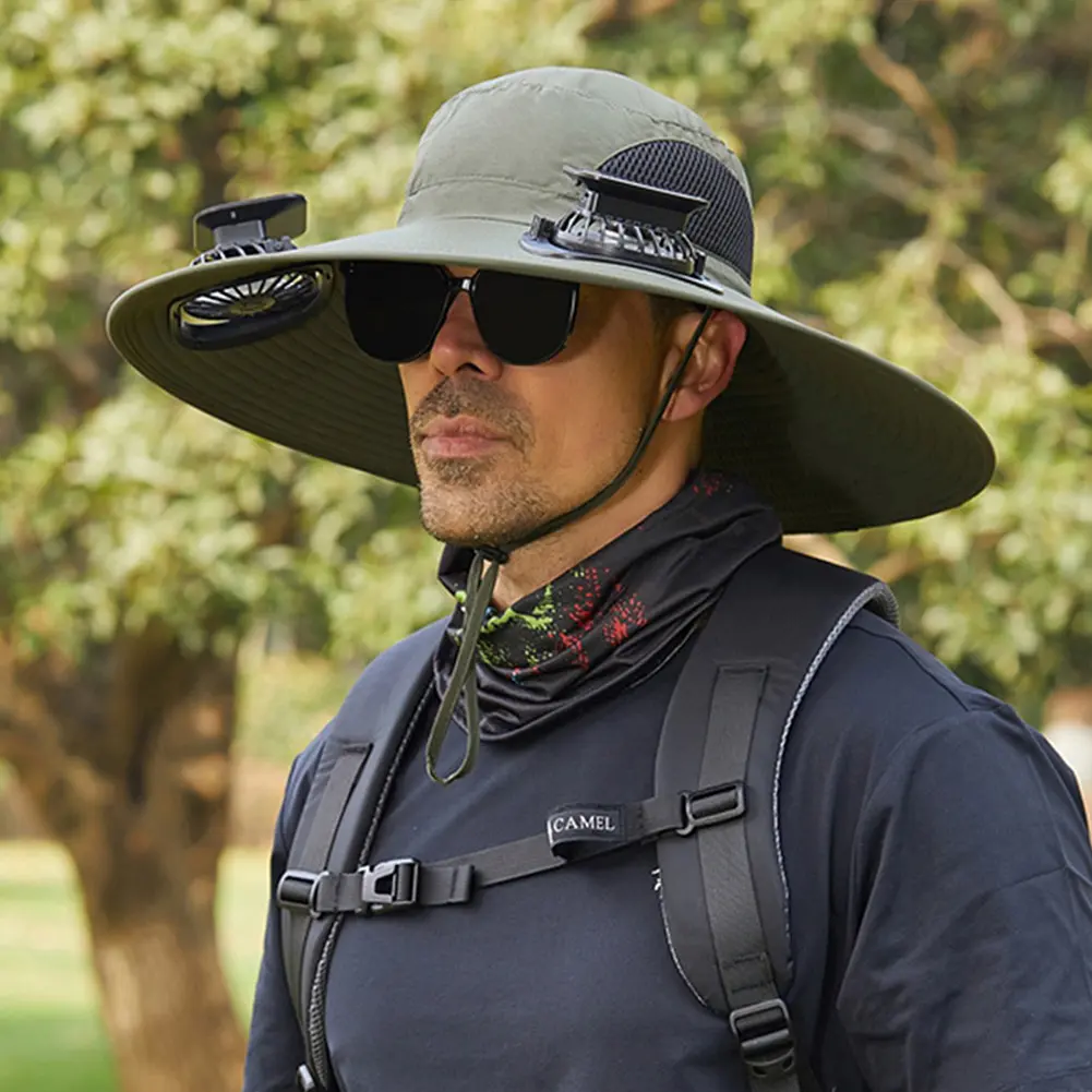 Solar Fan Hat Sun Hat with 2 Solar Fan Outdoor Fishing Hat Wide Brim Bucket Hat for Men Outdoor Camping Fishing Hiking