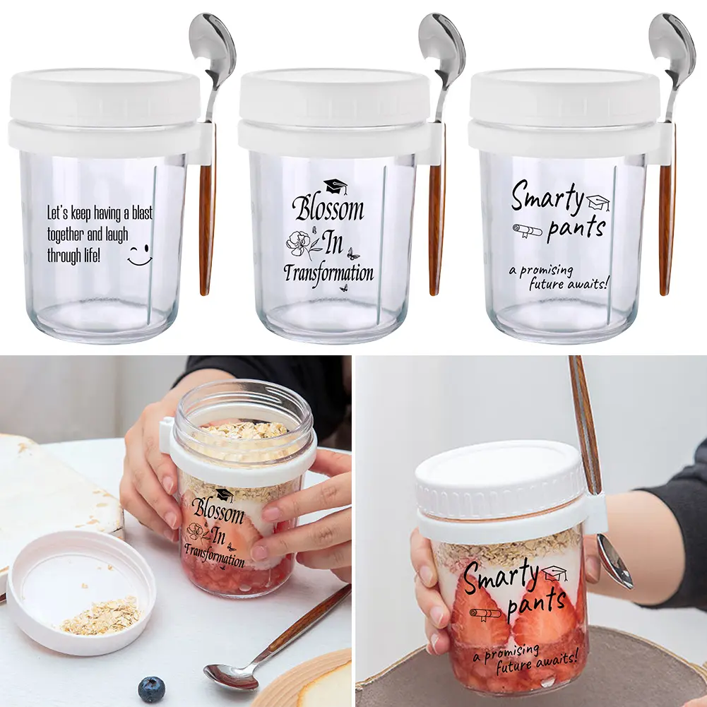 New Overnight Oats Container 12 Oz Milk Fruit Salad Food Storage Glass Jars Portable Cereal Breakfast Cups Water Bottle Kitchen