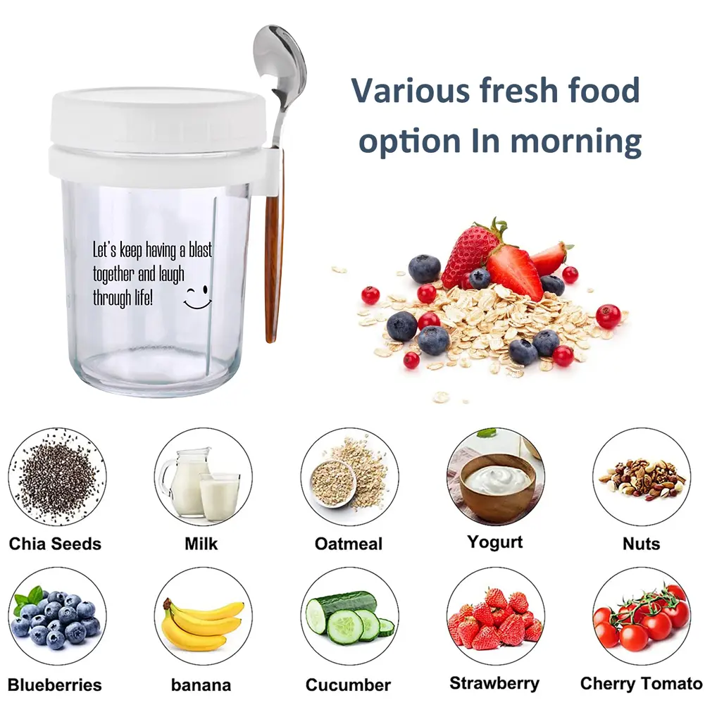 New Overnight Oats Container 12 Oz Milk Fruit Salad Food Storage Glass Jars Portable Cereal Breakfast Cups Water Bottle Kitchen