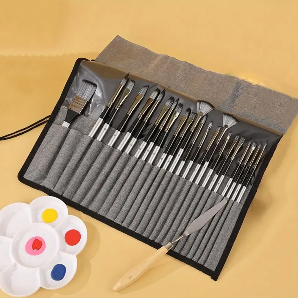 24pcs Nylon Brush Set Artist Paint Brushes with Scraper Gouache Watercolor Brushes Wooden Handle Acrylic Brushes for Painting