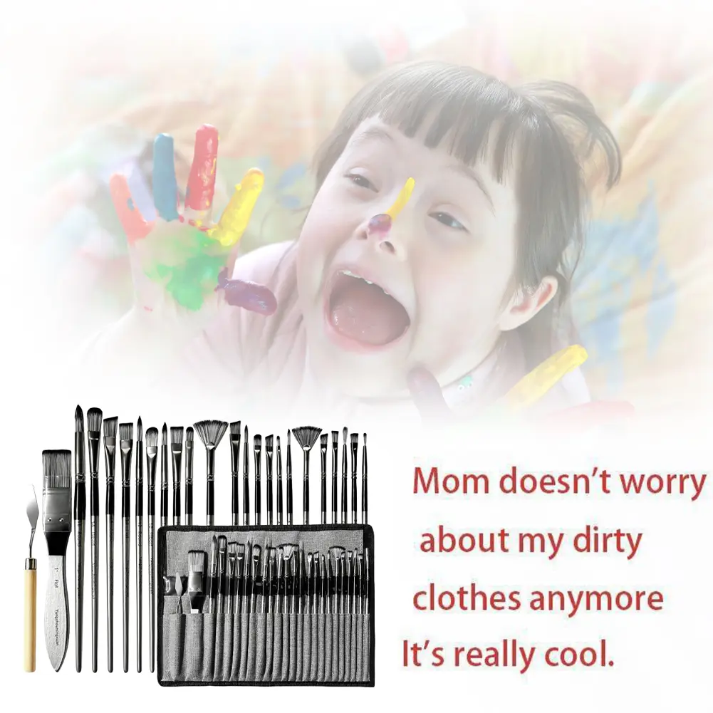 24pcs Nylon Brush Set Artist Paint Brushes with Scraper Gouache Watercolor Brushes Wooden Handle Acrylic Brushes for Painting