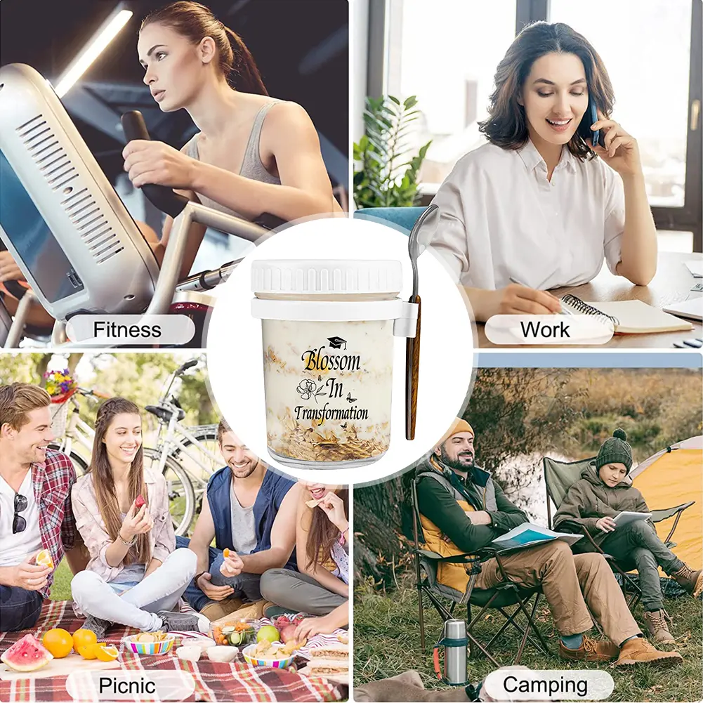 New Overnight Oats Container 12 Oz Milk Fruit Salad Food Storage Glass Jars Portable Cereal Breakfast Cups Water Bottle Kitchen