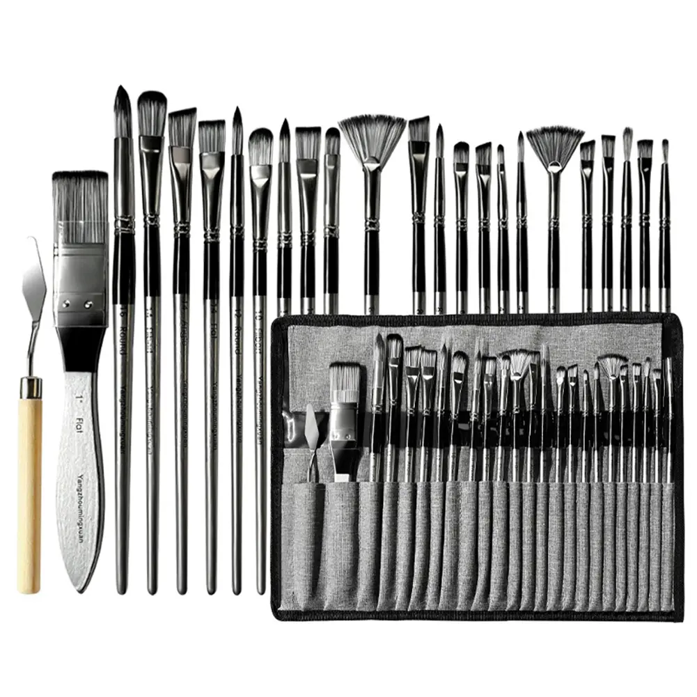 24pcs Nylon Brush Set Artist Paint Brushes with Scraper Gouache Watercolor Brushes Wooden Handle Acrylic Brushes for Painting