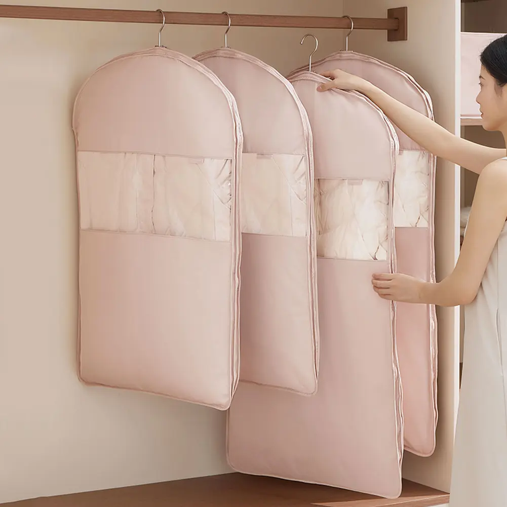 Clothes Dust Cover Garment Bag with Self Compression Zipper Dust Bag Household Jackets Down Coat Suit Cover Hanging Clothes Bag