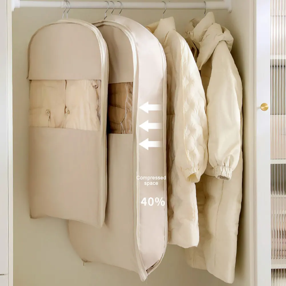 Clothes Dust Cover Garment Bag with Self Compression Zipper Dust Bag Household Jackets Down Coat Suit Cover Hanging Clothes Bag