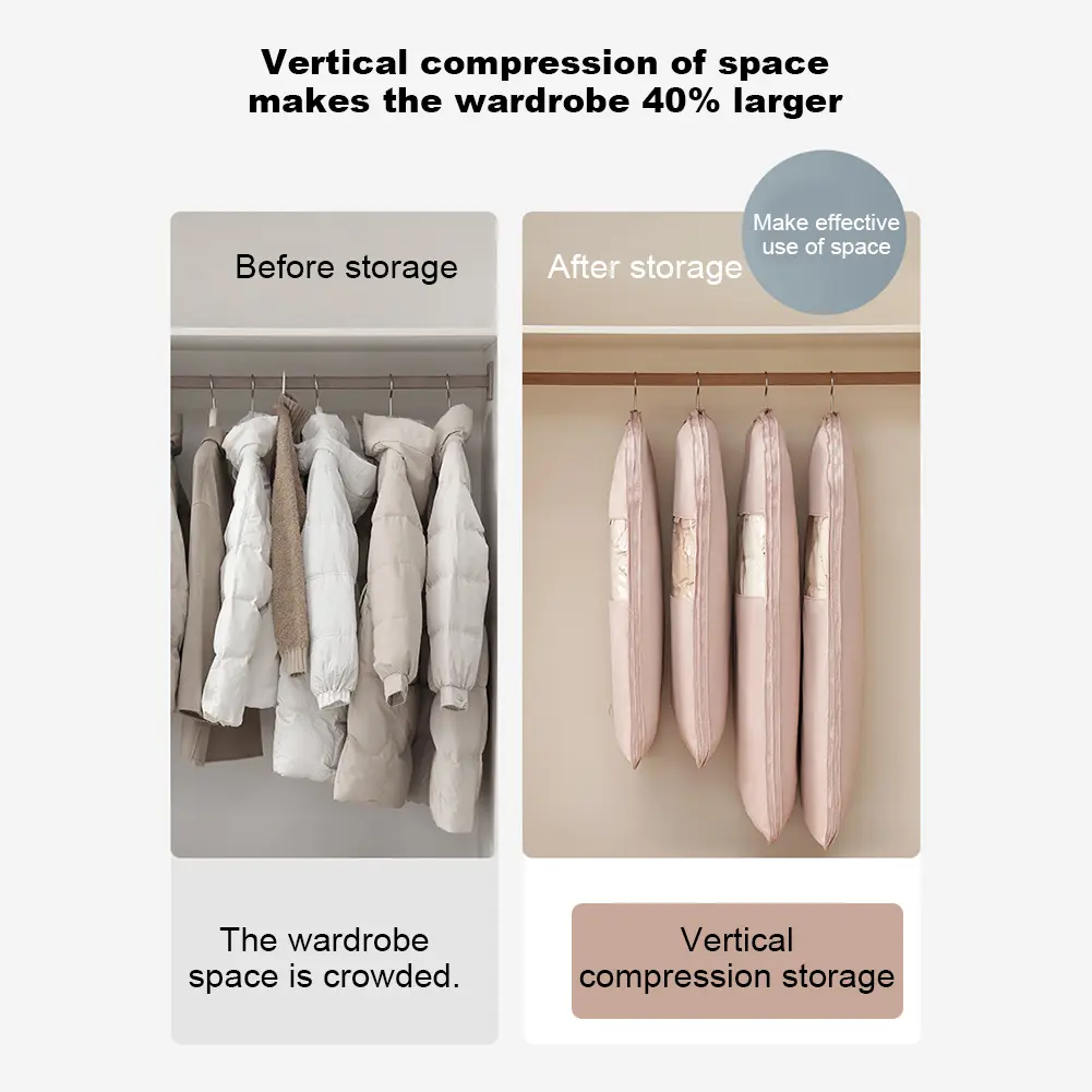 Clothes Dust Cover Garment Bag with Self Compression Zipper Dust Bag Household Jackets Down Coat Suit Cover Hanging Clothes Bag