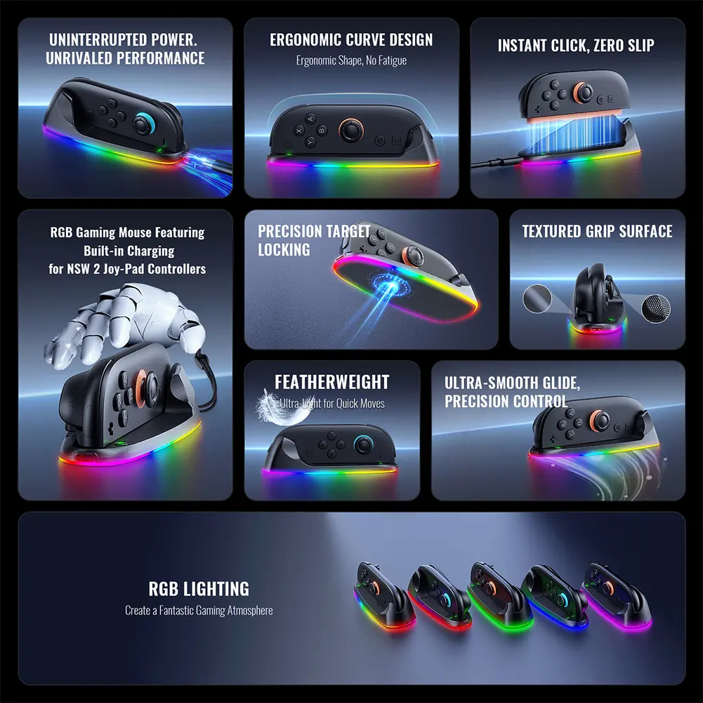 Game Controller Mouse with RGB Lights Gaming Mouse Grips Game Controller Charging Dock for Joy-Con 2