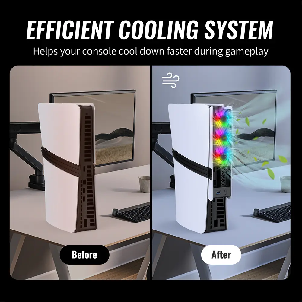 Gaming Cooling Fan For PS5 Pro/PS5 Slim Console with USB Port RGB Cooler System Fans for Playstation 5 Pro/Slim Disc & Digital