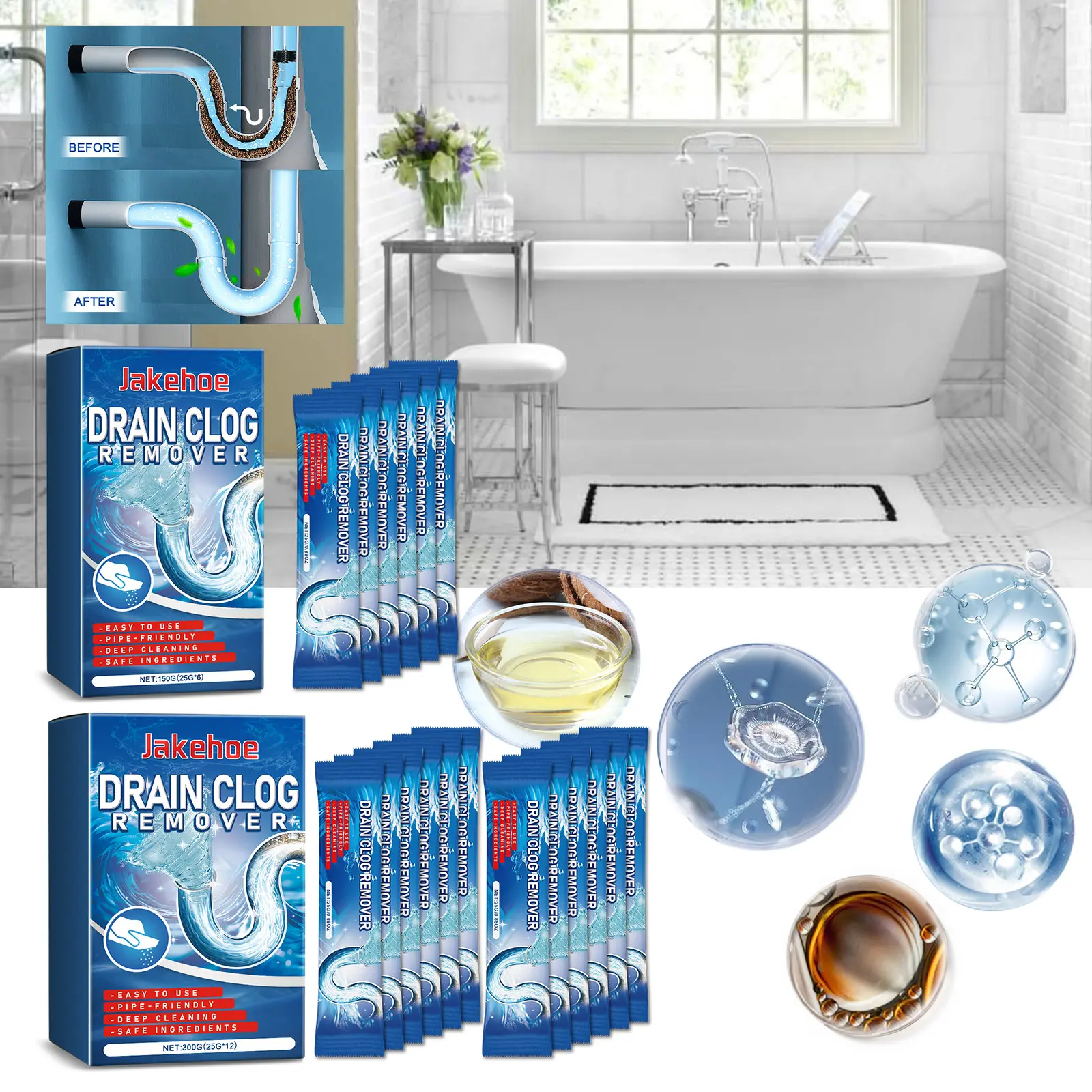 Jakehoe Pipe Unclog Cleaning Powder Kitchen Grease Toilet Clean Drain Clog Dissolving Unclog Agent-J