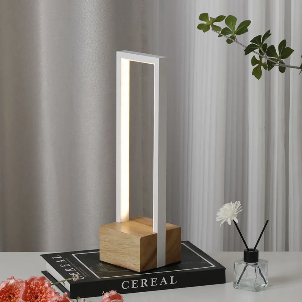 LED Table Lamp USB Square Modern Bedside Lamp 3 Color Temp Stepless Dimmable Geometric Nightstand Lamp Wooden Base