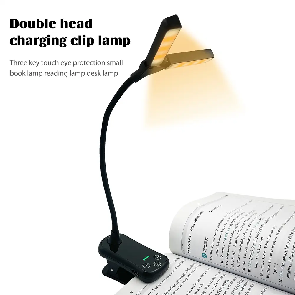Dual-Head Book Lamp Three-Button Touch Eye Protection Lamp Rechargeable Adjust Brightness 14 LED for Travel Bedroom Reading