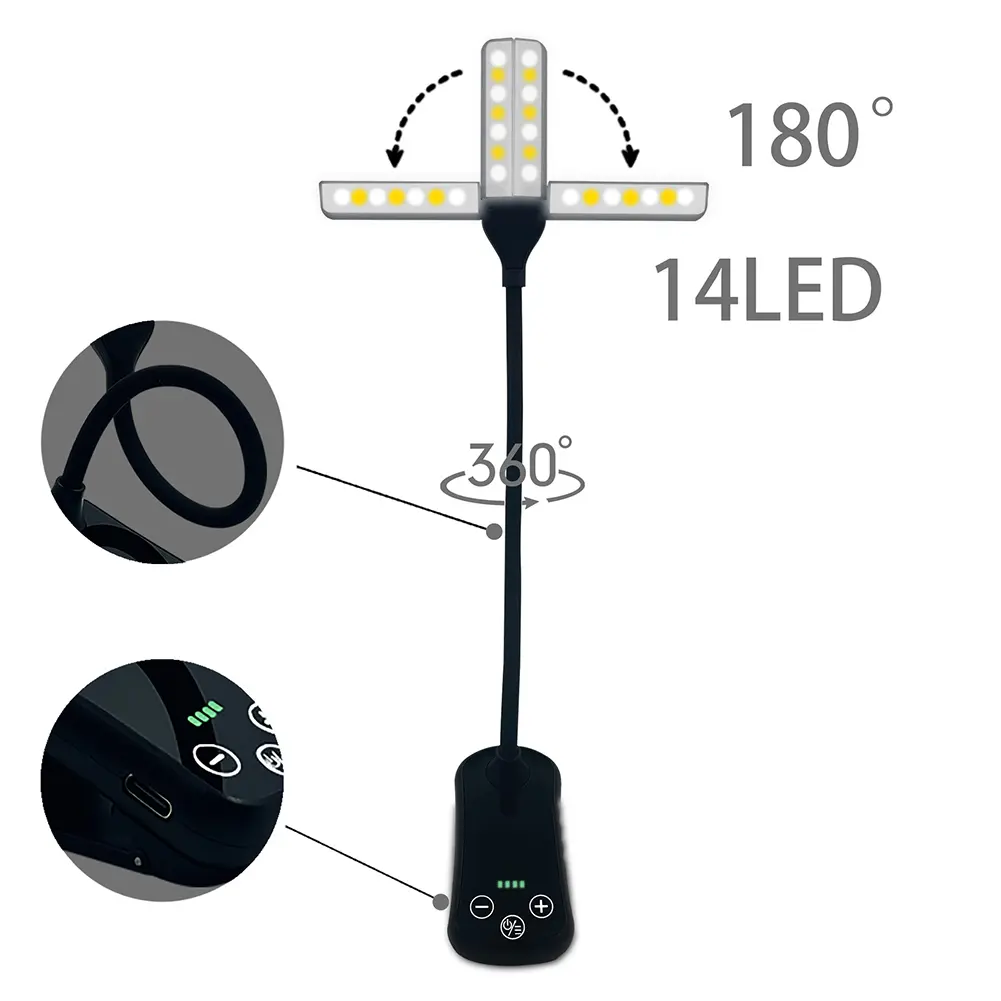 Dual-Head Book Lamp Three-Button Touch Eye Protection Lamp Rechargeable Adjust Brightness 14 LED for Travel Bedroom Reading