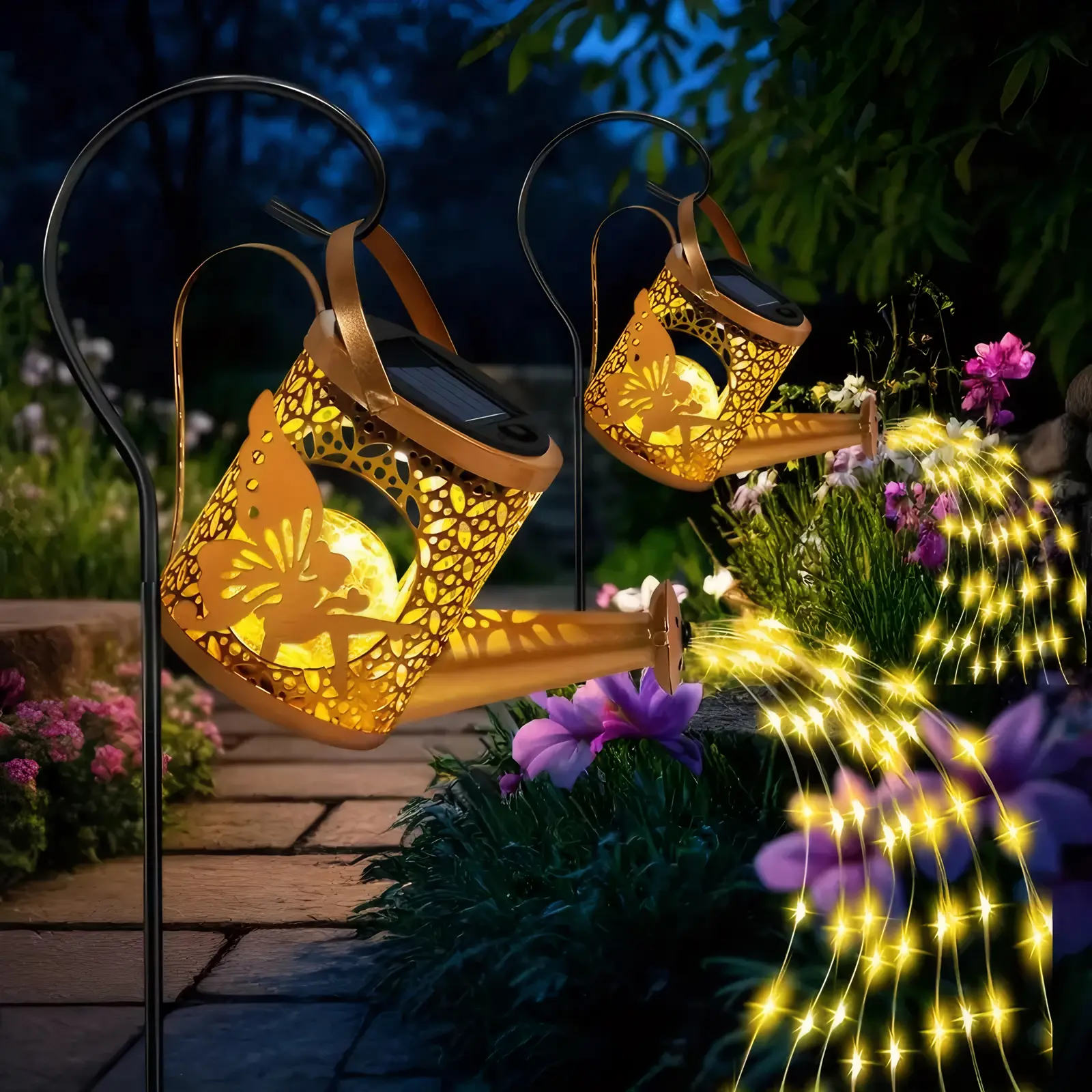 LED Solar Garden Kettle Light IP65 Waterproof Shower Watering Can Lights Waterfall Fairy Lights Lawn Yard Decoration Lamp