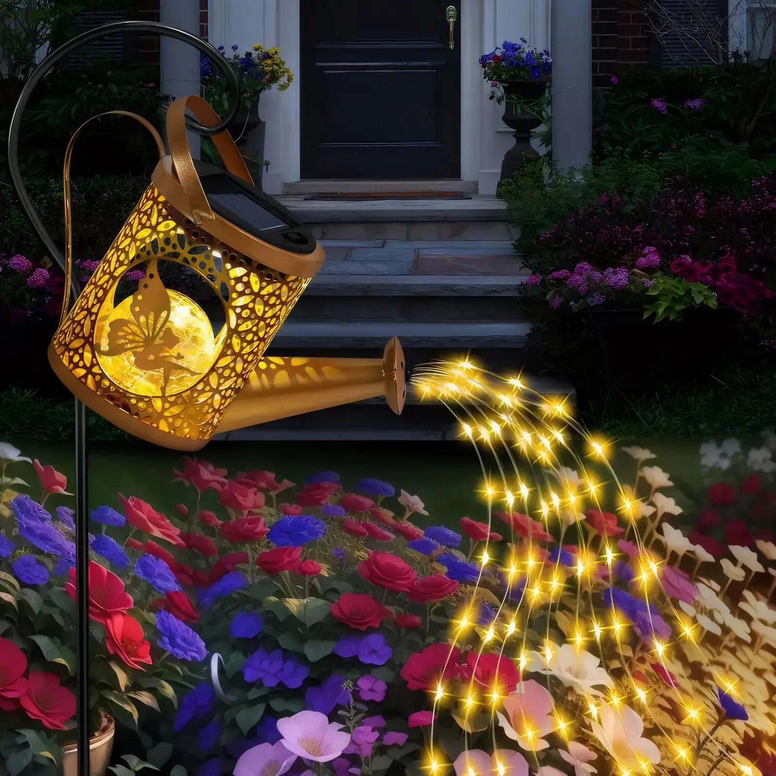 LED Solar Garden Kettle Light IP65 Waterproof Shower Watering Can Lights Waterfall Fairy Lights Lawn Yard Decoration Lamp