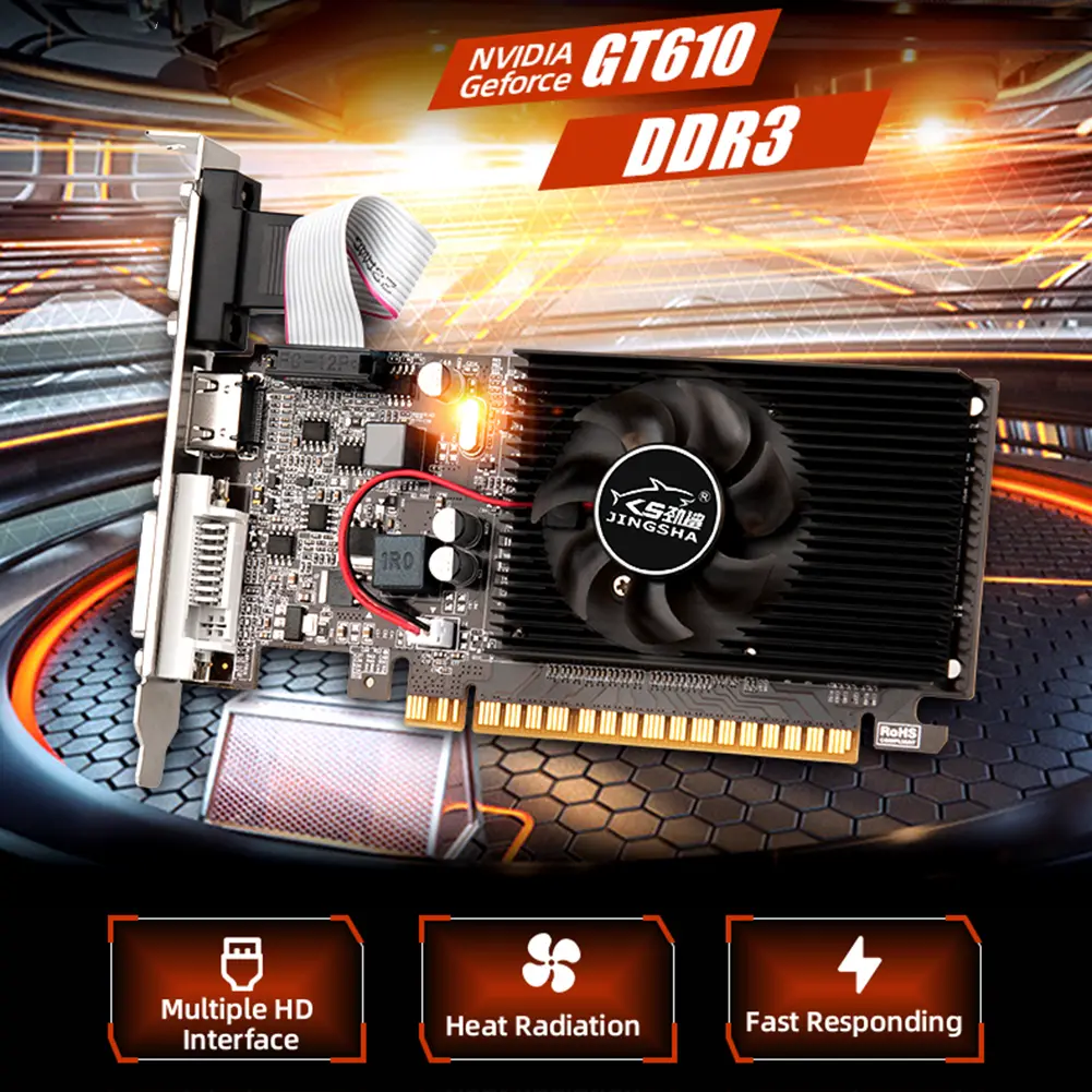 GT610 Video Card 1GB/2GB 810MHZ DDR3 Graphics Video Card HD VGA DVI Interface Replacement Accessories for Computer Desktop Game