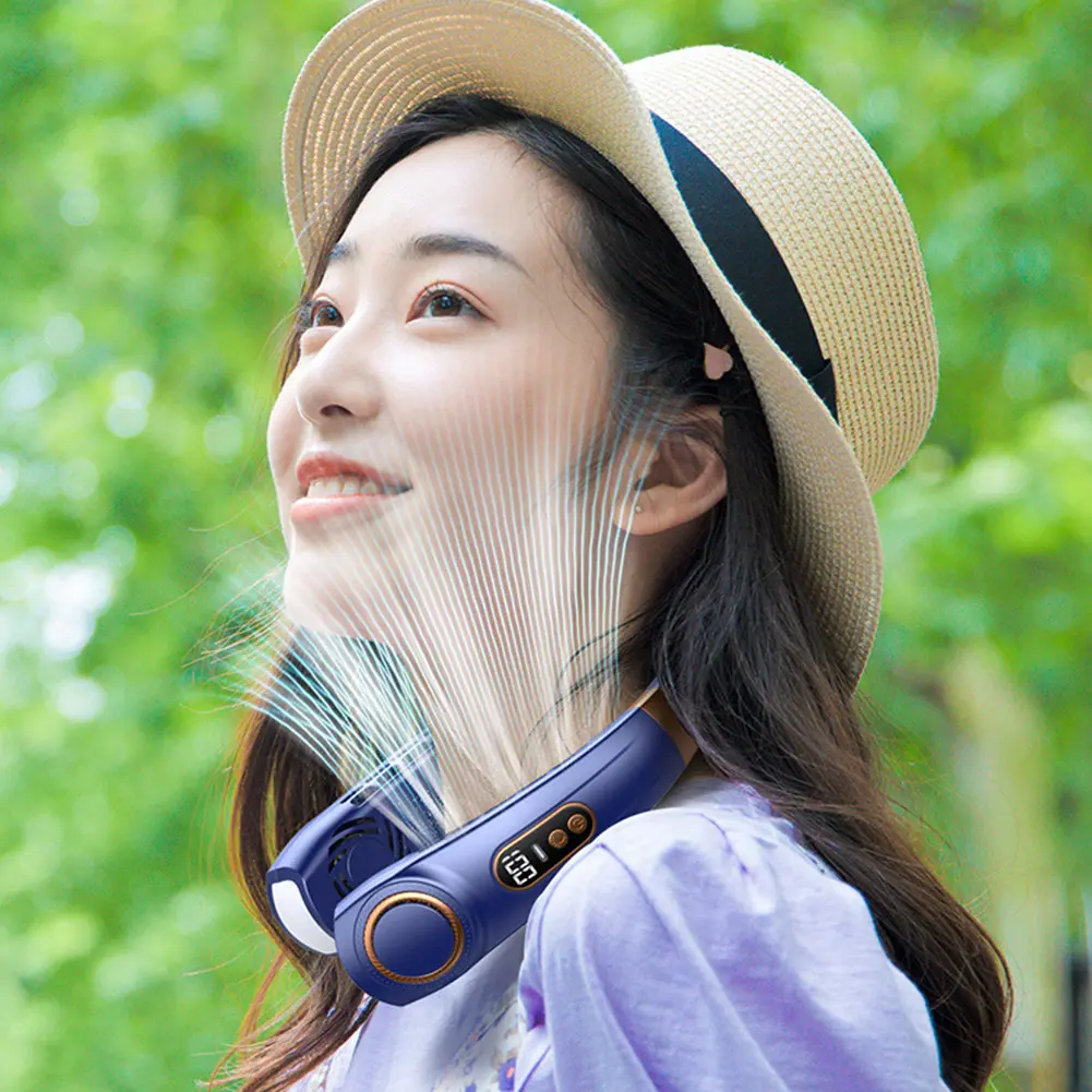 Bladeless Hanging Neck Fan Mute USB Small Cooling Fan LED Digital Display 5 Speeds Rechargeable Hands-free Cooler