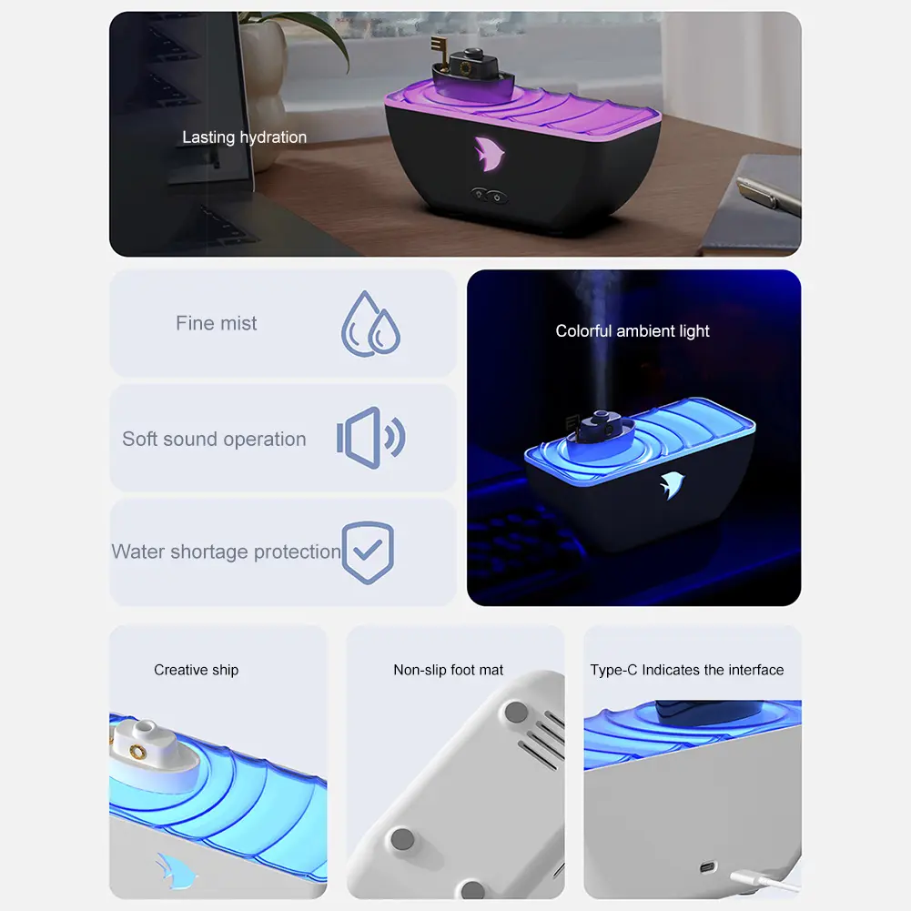 300ml Ship Shaped Essential Oil Diffuser Auto-Off Cool Mist Humidifier with LED Light Fragrance Oil Diffuser for Yoga Meditation