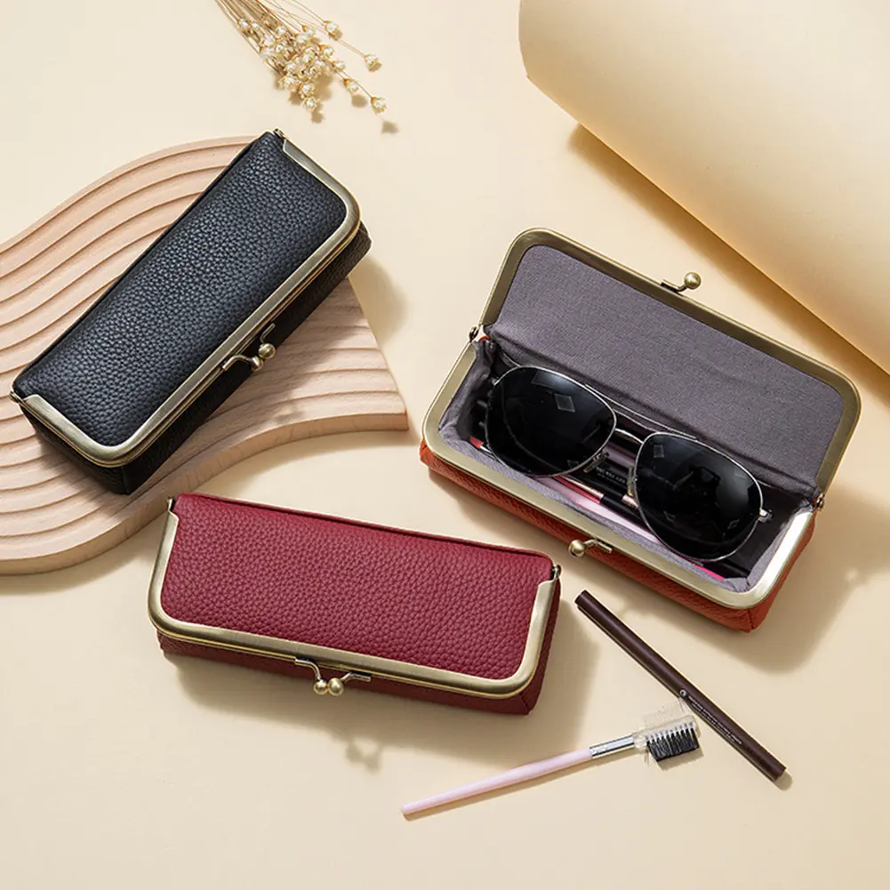 Genuine Leather Sunglasses Case Kiss Lock Eyewear Organizer Case Portable Glasses Holder Case for Outdoor Travel