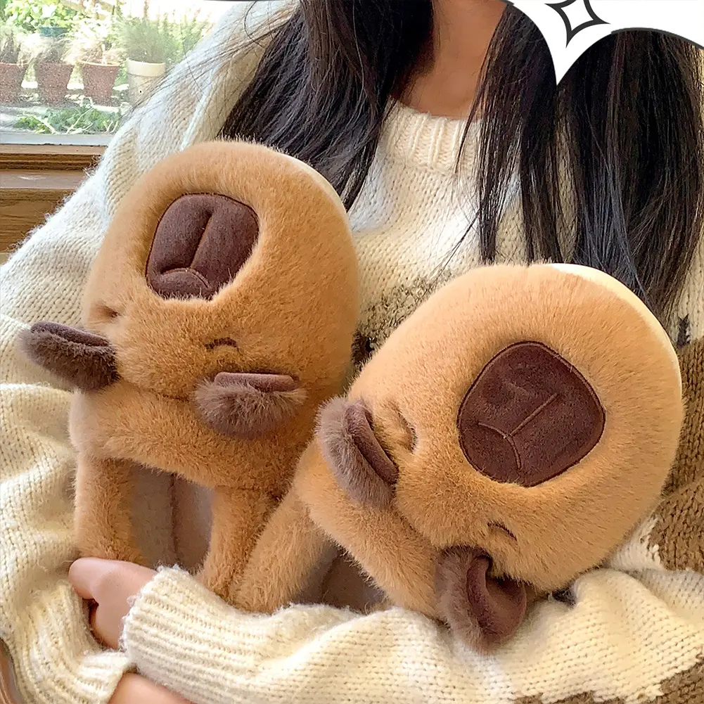 Plush Capybara Slippers Fluffy Couple Slippers Cute Furry Animal Slippers Comfortable Fuzzy Capybara Slippers Non-Slip for Women