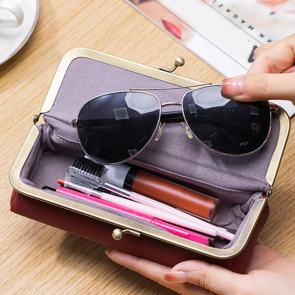 Genuine Leather Sunglasses Case Kiss Lock Eyewear Organizer Case Portable Glasses Holder Case for Outdoor Travel