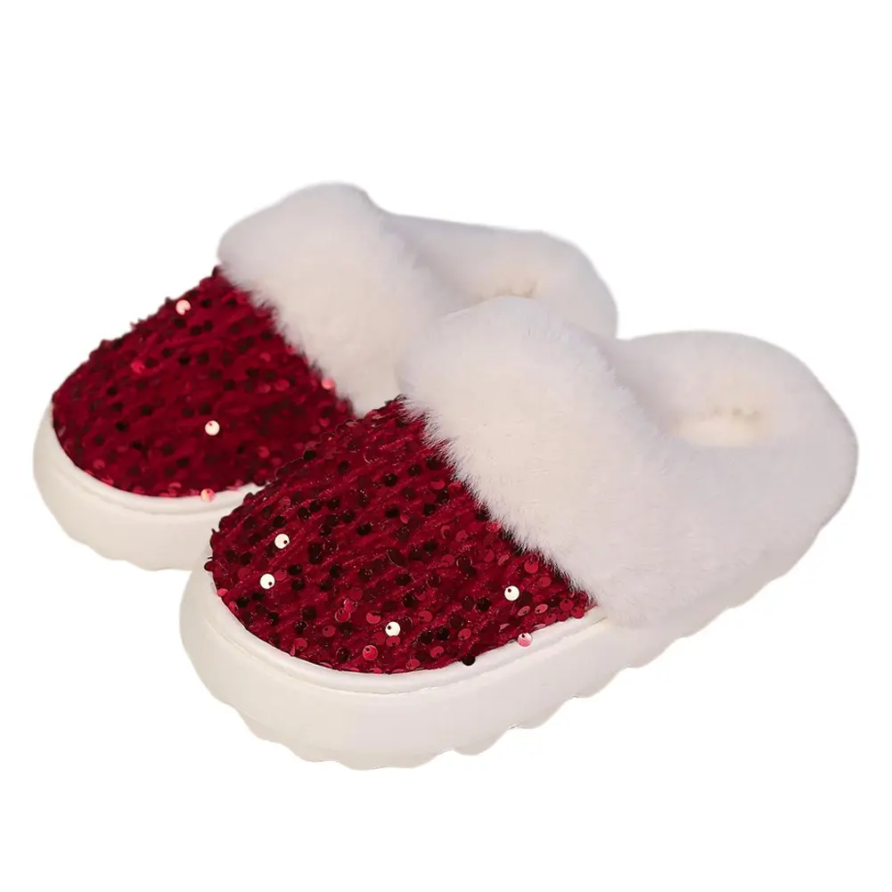 Women's Sequin Slippers Warm Plush House Slippers Non-Slip Home Slippers Comfy Winter Scuff Slippers for Indoor