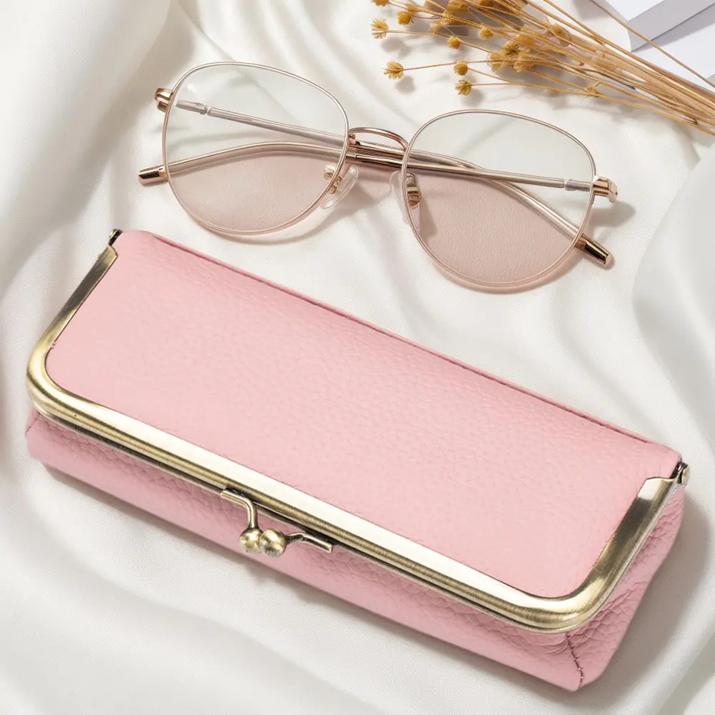 Genuine Leather Sunglasses Case Kiss Lock Eyewear Organizer Case Portable Glasses Holder Case for Outdoor Travel